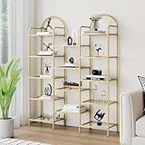 Hzuaneri 5 Tier Bookcase Bookshelf, Tempered Glass Bookshelves, Triple Wide Glass Storage Rack with 14 Open Storage Spaces, Display Shelf for Living Room, Home Office, Bedroom, Gold BC50101G