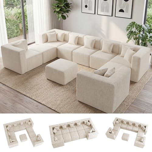 Image of MONVANE Oversized Boneless Sectional Couches for Living Room, 10-Seat Cloud Couch, Modular Sofa with Ottoman & 10 Throw Pillows, Comfy Chenille, No Assembly Required, Beige