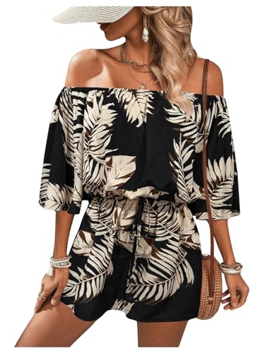 MakeMeChic Women's Summer Off Shoulder Rompers Tropical Print Half Sleeve