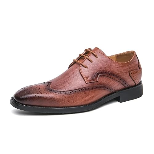 Image of Dress Shoes For Men Lace Up Square Toe Brogue Embossed Wingtips Derby Shoes Vegan Leather Block Heel Non Slip Rubber Sole Slip Resistant Low Top