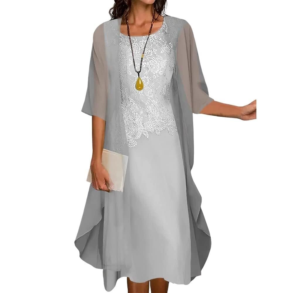 Two-Piece Set Maxi Dress for Womens Flowy Chiffon Cardigan Wedding Guest Floral Print Midi Dresses with Lace Jacket, Grey, Large
