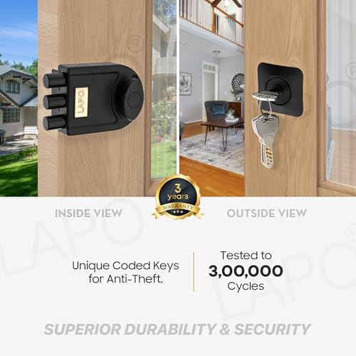 Image of LAPO Black TriBolt Deadbolt Lock, Modern Main Door Security Lock for Wooden Door, Fixed Cylinder with 4 Brass Keys, Suitable for Inside&Outside Opening, Heavy Duty Design for Long-Lasting Protection