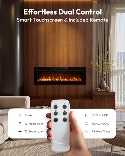Image of EUHOMY 50 Inch Electric Fireplace Recessed Wall Mounted with Remote Control, Fireplace Heater with Adjustable Flame Color, Linear Fireplace with Timer, Log & Crystal, 750 /1500W (2026 Upgrade)