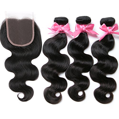 Brazilian Virgin Hair 3 Bundles with Closure Brazilian Body Wave 8A 100% Unprocessed Human Hair bundles With Lace Closure Natural Black Color by YAVVE (12" 14" 16"+10"closuret)