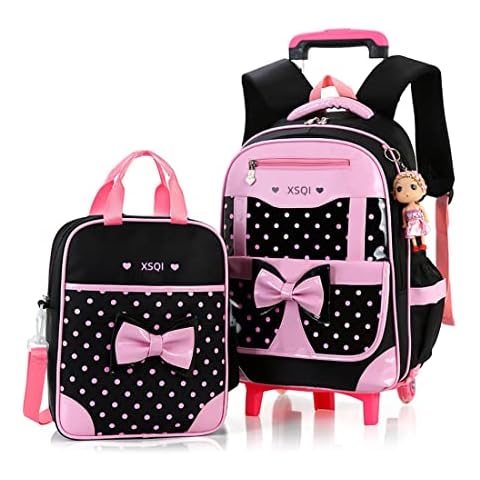 Bowknot Kids Rolling School Backpack 2Pcs Polka Dot Princess Style Trolley Bookbag on Two Wheels Cover