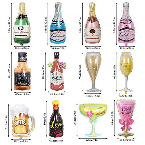 12PCS Aluminum Foil Helium Mylar Balloons, Champagne Bottle Goblet Hydrogen Whiskey Beer Cup Balloons, Multiple Styles Party Decoration Supplies for Birthday Graduation Anniversary Wedding Ceremony - Thumbnail 2