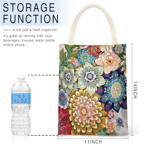 Image of Boho Floral Car Trash Bags - Hanging, One-handed Strap, Cute Printed, Small Garbage Bags for Car Back Seat Accessories