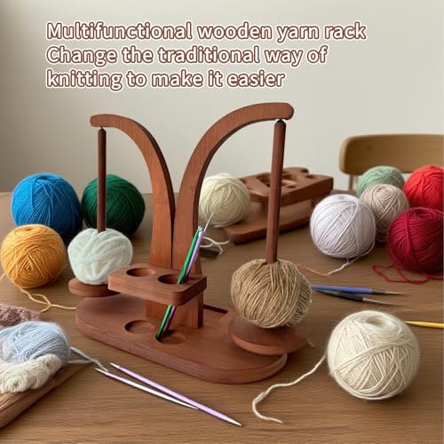 Image of Magnetic Wooden Yarn Holder for Crocheting & Knitting - Smooth Rotating Yarn Spinner with Double Spindles, Tangle-Free Thread Dispenser, Ideal Gift for Knitters & Weavers (Brown)