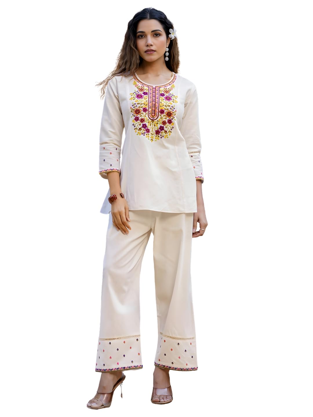Women's Off White Cotton Blend Embroidered Straight Kurta with Pant | Co-ord Set (NK-CS04)-image-38