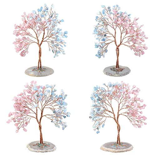 KYEYGWO Rose Quartz+Aquamarine Crystal Stone Money Tree with Agate Slice Base Handmade Feng Shui Bonsai Tree Decoration Love Stone Tree Ornament for Fortune and Wealth - Image 4