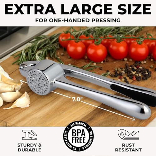 Image of Zulay Kitchen Large Premium Garlic Press Set - Bigger Bowl for Bigger Garlic - Rust Proof Garlic Mincer Tool - Easy-Squeeze, Easy-Clean Silicone Garlic Peeler & Brush (Chrome)