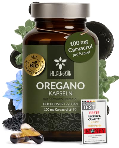 Heldengrün Oregano & Schwarzkümmelöl Kapseln [HOCHDOSIERT] 100 mg Carvacrol pro Kapsel - Bio Oregano Öl mit +82% Carvacrol aus Griechenland - magensaftresistent laborgeprüft & vegan - 90 Stück
