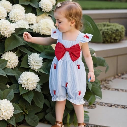 Newborn Baby Girl Summer Clothes Lobster Embroidery Flying Sleeve Bow Seersucker Jumpsuit Infant Crawfish Romper3