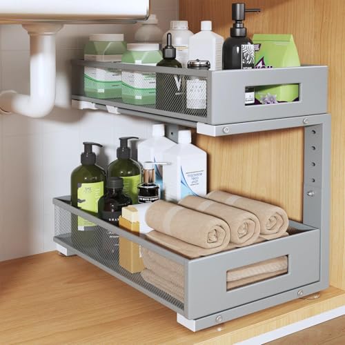 Image of 1 Pack 17IN Depth Under Sink Organizer, 2-Tier Pull Out Cabinet Organizer With Smooth Circular Rail, Large Capacity Metal Mesh Sliding Drawers For Bathroom& Kitchen Storage,Height Adjustable-Gun Gray