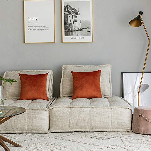 Image of Set of 2 Comfortable Velvet Throw Pillow Cases Decorative Solid Cushion Covers for Sofa Couch and Bed - 20 inchx20 inch, Rust