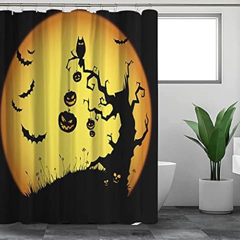 72 in Halloween Shower Curtain, Pumpkin Shower Curtain, Waterproof Black Backdrop Bath Room Shower Curtain with Hooks, Scary Halloween Bathroom Decor Cover