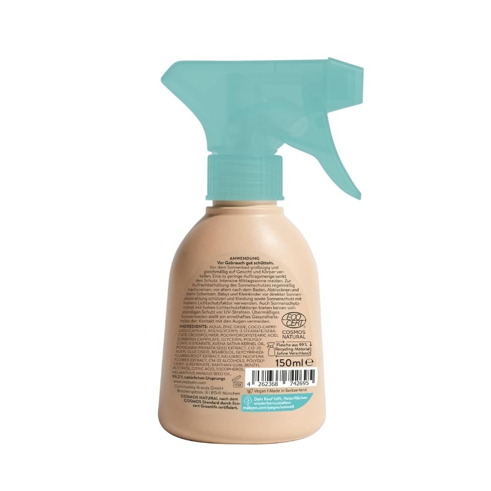 MABYEN Spray solar para niños FPS 50 - 100% filtro UV mineral - Protección inmediata sin tiempo de aplicación - Resistente al agua - Certificada como cosmética natural y libre de perfumes