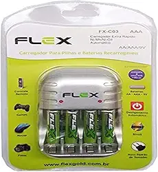 Carregador De Pilhas, Flex, Bivolt, Para 4 Pilhas, 1100 mAh, Branco