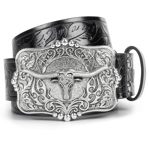 Image of UTOWO Rodeo Western-Longhorn-Bull Cowboy-Belt for Women-Men Bull-Floral-Embossed PU-Leather Cowgirl Waist Belt for Jeans