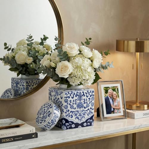 Image of Goaste Square Ceramic Ginger Jar with Lid, 8.2 Inch Blue and White Ginger Jars Decorative, Chinoiserie Porcelain Flower Vase, Handmade Large Floral Canister for Home Decor, Office, Table Centerpieces