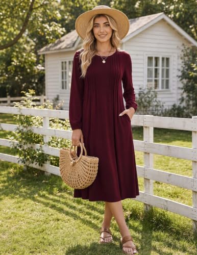 Image of Zeagoo Fall Dresses for Women Long Sleeve Midi Dress Casual A Line Dresses 2026 Pleated Flare Dress with Pockets