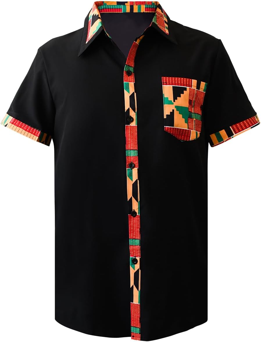 Men's Hipster African Printed Tribal Graphic Patchwork Design Short Sleeve Button up Shirt Mandarin Collar Shirts
