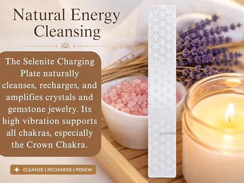 Image of Certified Selenite Crystal Charging Plate, 7.5 Inch Engraved Flower of Life Selenite Stick for Crystal Cleansing Re-Energy Work, Meditation and Pooja - Flower of Life