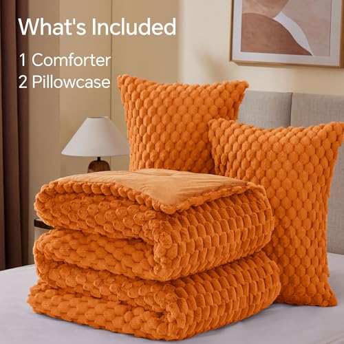 Image of BEDELITE Fluffy Full Size Comforter Set - Burnt Prange Fleece Soft Comforter for Full Size Bed, Luxury Warm Bedding Set for Winter, Fuzzy Bed Set 3 Pieces (1 Comforter, 2 Pillowcases)
