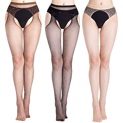 Shecret Women's Fishnet Stockings Glitter Rhinestone Stocking Sparkly Tight 3Pack Cover
