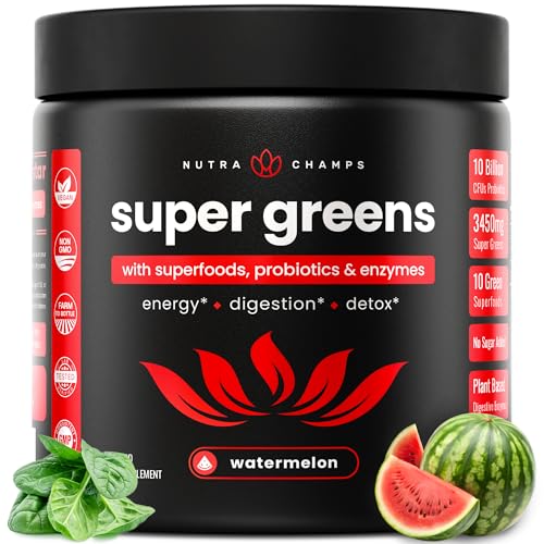 NutraChamps Super Greens Powder Premium Superfood | 20+ Organic Green Veggie Whole Foods | Alfalfa Spirulina Chlorella & More | Antioxidant Digestive Enzyme & Probiotic Blends | Watermelon