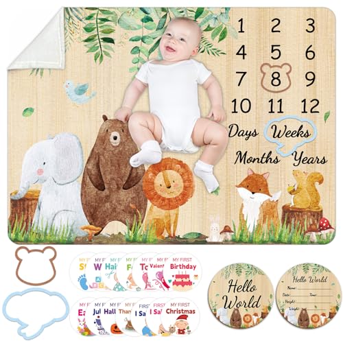 Image of Woodland Baby Monthly Milestone Blanket Safari Jungle Animal Forest Baby Blanket Monthly Year Growth Photo Blanket Nursery Decor Soft Flannel Baby Shower Birthday for Newborn