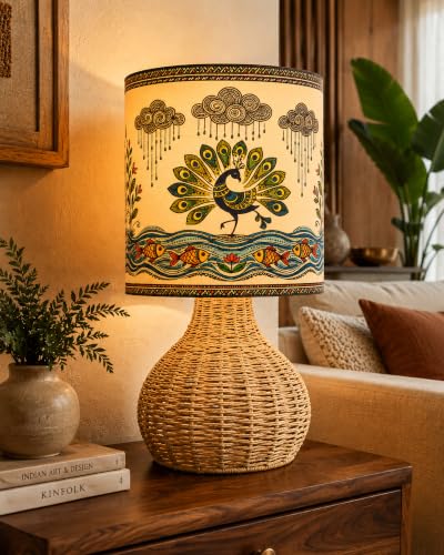 Image of Homesake Handwoven Rattan Table Lamp with Madhubani Art Printed Fabric Shade, Decorative Raffia Spinning Bedside Lamp, Boho Table Lamp with E27 Holder, Living Room, Bedroom & Home Decor