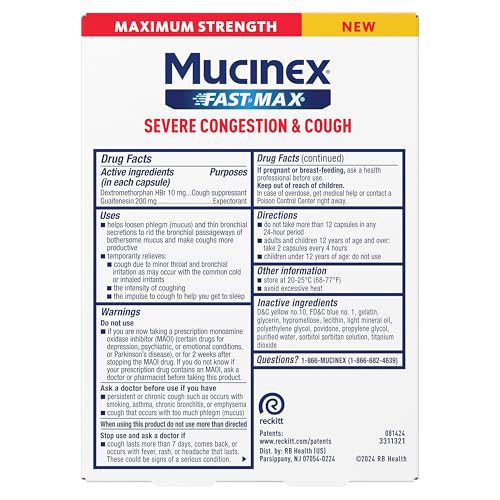 Mucinex Fast-Max Severe Congestion & Cough, Maximum Strength Dextromethorphan HBr Cough Medicine for Adults, Guaifenesin Expectorant for Excess Mucus Relief, 16 Liquid Gels