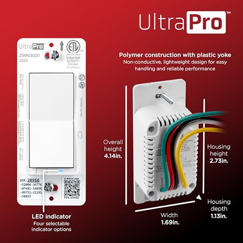 Image of UltraPro Z-Wave Long Range Dimmer Switch, 800 Series, Paddle, 1 Pack | Plastic Yoke, Flying Leads, Single-Pole or 3-Way Support, White, Hub Required, Works with Alexa & Google Home