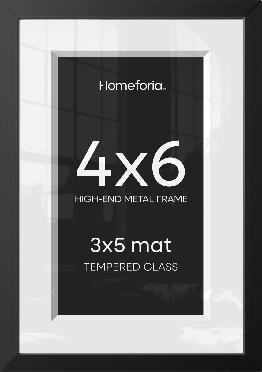 Homeforia 4x6 Black Picture Frame, High-End Metal, 3x5 Mat, Glass