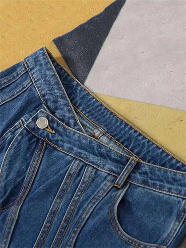 Women Oblique Waist Spliced Jeans Loose Fit Placket Trousers Streetwear Style for Spring Outfits4