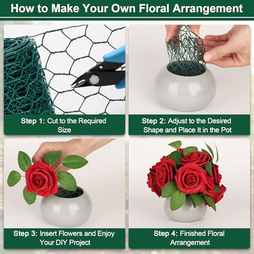 Image of Floral Chicken Mesh for Craft, 4 x 236 Inch Galvanized Hexagonal Netting Roll, Lightweight Garden Poultry Fence for Coop & Rabbit, Metal Mesh Kit with Gloves, Ties and Plier