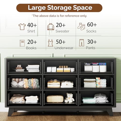 Image of VINGLI Black Dresser 9 Drawer, Fluted Dresser with Rounded Edges, 57 inch Long Modern Dressers for Bedroom, Black and Gold, 57 inch W*15.75 inch D*29.92 inch H
