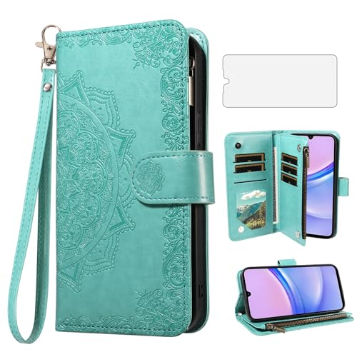 Coque Samsung Galaxy A15 5G protectrice anti-rayure avec verre trempé et clapet vert