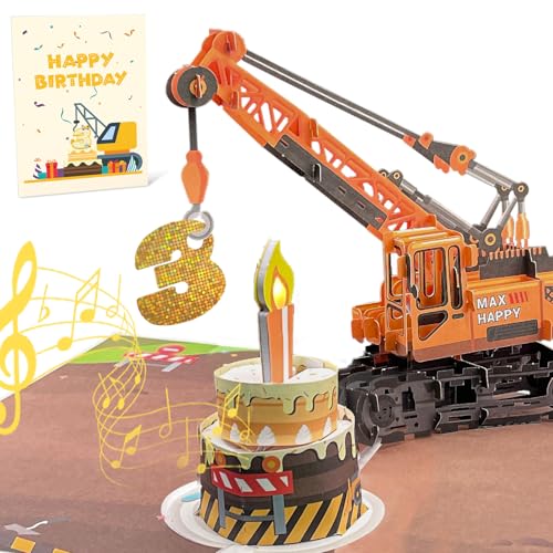 Carte pop-up 3D anniversaire 3 ans camion-grue pour surprendre un enfant qui s'ennuie