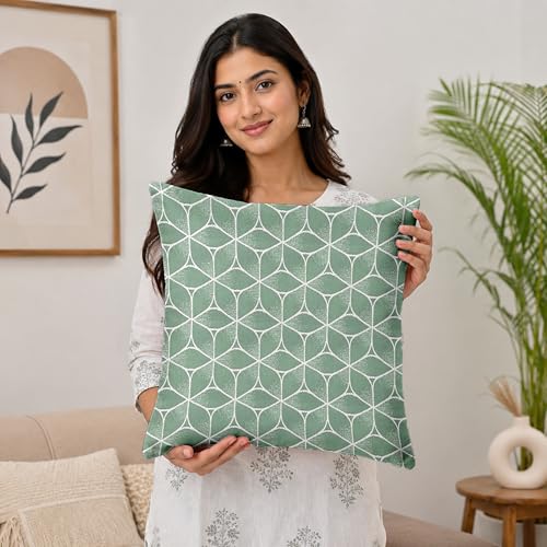 Image of Divine Casa Pluto Cushion Covers Set of 5 Pista | 16x16 Inch Jacquard Patchwork Design Sofa Cushion Covers | Decorative Throw Pillow Covers for Living Room & Bedroom