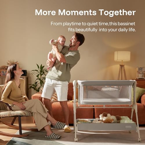 Image of HARPPA Cuddly Sway Baby Bassinet Bedside Sleeper, 3 in 1 Rocking Bassinet | Full Mesh Sides, Memory Foam Mattress, Cotton Quilted Cover, 5 Adjustable Heights, 360 Swivel Wheels, 3-7 Incline Range
