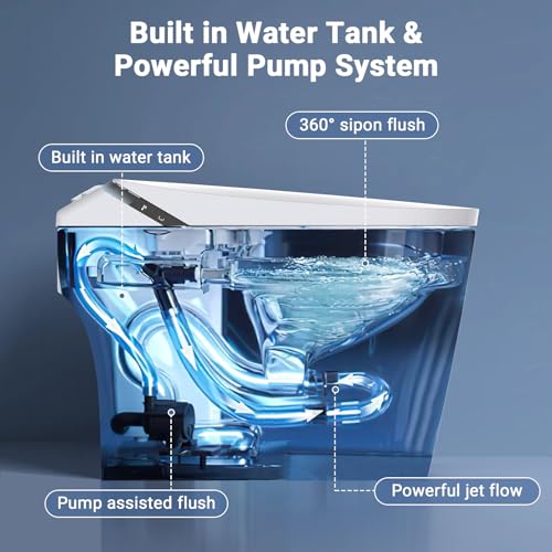 Smart Toilet with Built-In Bidet, One Piece Bidet for Bathrooms with Heated Seat, Dual Auto Flush, Warm Water & Dry Function, Elongated Toilets, Foot Sensor, LED Display, Night Light