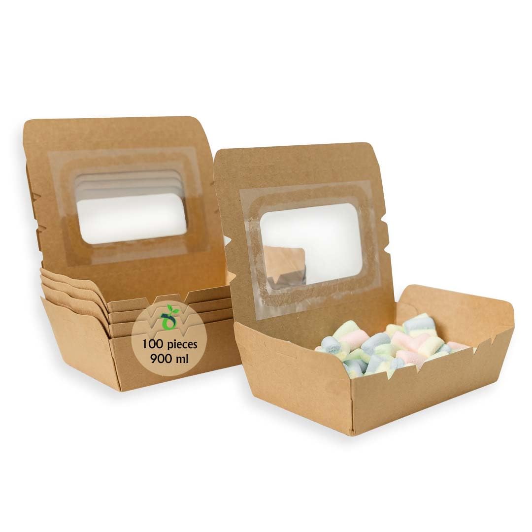 ECOPICNIC 100 Pack Kraft Lunch Boxes with Windowed Lid 900 ml | Disposable Food Containers for Salads, Snacks, Lunch, Eco-Friendly Takeaway Packaging