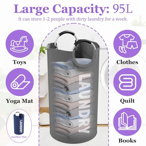 Image of 2Pack 95L Big Clothes Hamper for Family, Collapsible Laundry Baskets with Handles, Dirty Clothes Bin Stand Up Well, Toteable Laundry Bag for Bathroom, Travel, Grey /Navy Blue