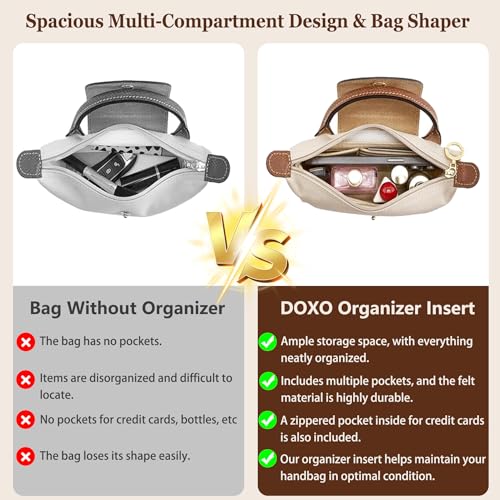 Image of Doxo Purse Organizer Insert for Longchamp Le Pliage XS, Premium Felt Tote Bag Organizer with 7 Compartments and Zippered Pocket (Beige, Mini)
