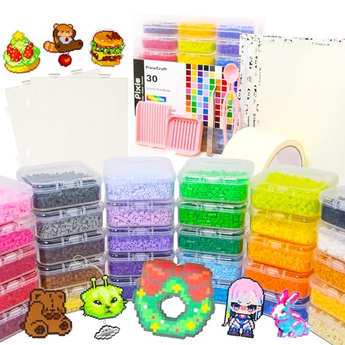 PixieCraft 30 000ct 2.6mm Fuse Beads Kit 30 Colors PixieBeads 40 pcs Set with Storage Box Pegboards Tweezers Trays Bead Pen Mats Pixel Art Craft Kits for Adults Teens (with Tools)