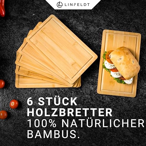LINFELDT 6er Set Bambus Frühstücksbrettchen Holz 27x16x1cm - Inkl. Saftrille - 6 Holzbretter + eine glatte Seite - Kleine Holzbrettchen - 6 Essbretter aus Bambus 2
