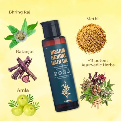 Image of BRAHM HERBAL Ayurvedic Hair Oil for Hair Growth | Stimulates Hair Growth, Controls Hair Fall & Dandruff | Herbal Mix Hair Oil for Men & Women | Powered By 15 Ayurvedic Herbs - Bhringraj, Jatamansi, Ratanjot, Amla & More | No Added Chemical & Mineral Oil | (100 ML)