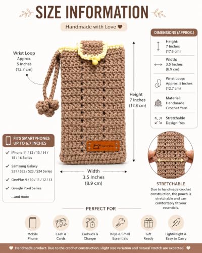 Image of Handmade Crochet Mobile Pouch for Women & Girls | Knitted Phone Holder with Wrist Strap | Cute Floral Aesthetic Mobile Cover Case | Soft Yarn Handmade Gift (Brown)
